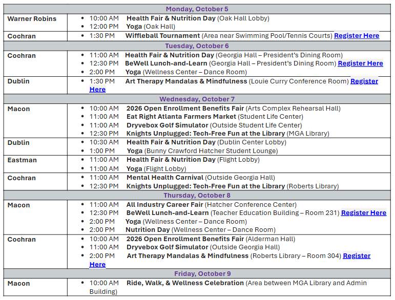 List of events for Mga's Wellness Week.